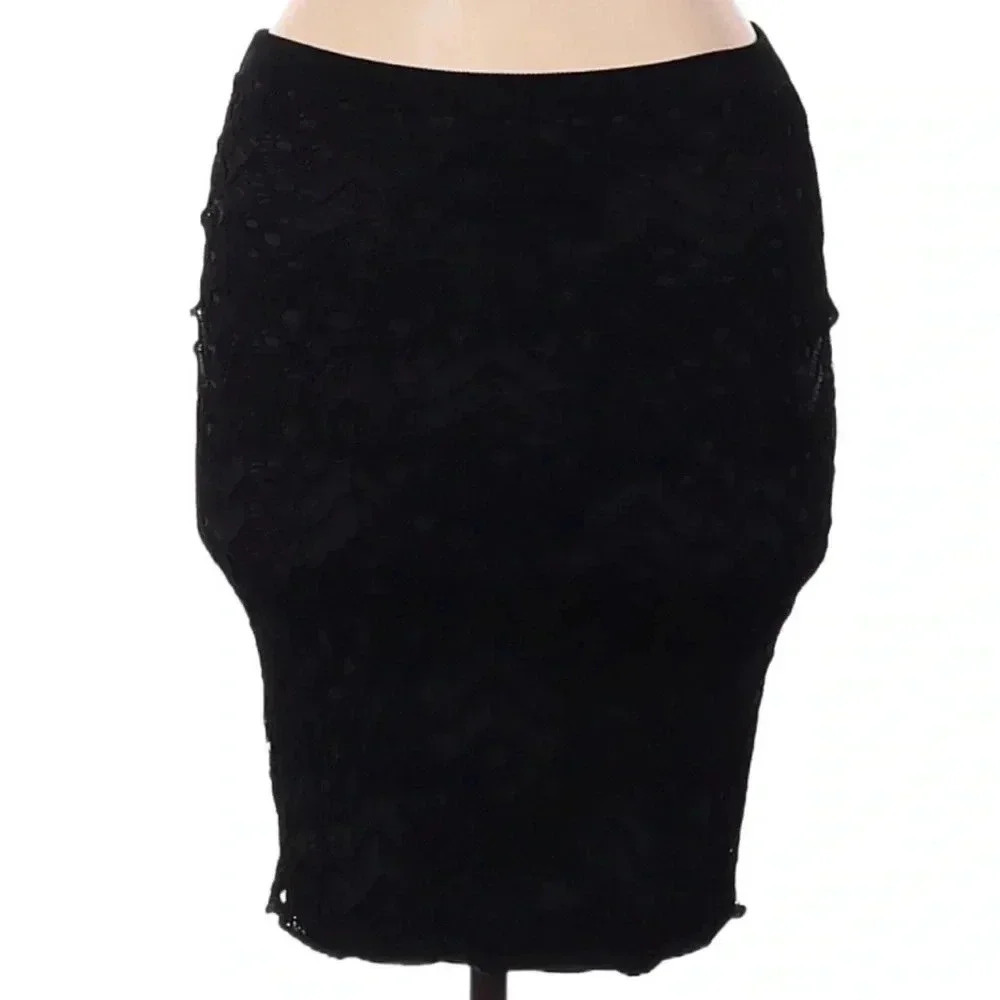 EILEEN FISHER Black Gray Knit Crochet Lace Overlay Straight Pencil Skirt Size XS - Picture 4 of 9